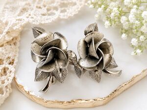 Vintage Sterling Silver Rose Flower Screw Back Earrings 3D Floral Mid Century